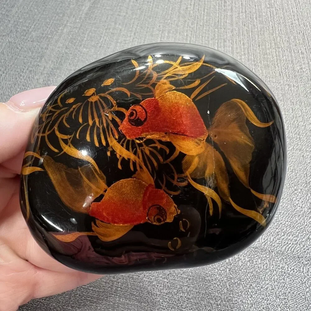 Vtg Black Lacquered Koi Fish Stone Hand Painted Rock Stone Paperweight Vietnam